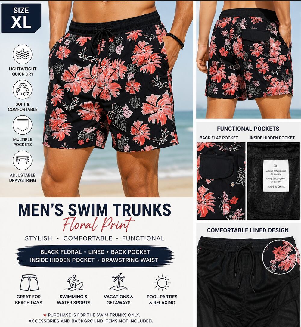 Men's Tropical Floral Mesh Lined Swim Trunks Hidden Pocket XL NWOT